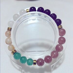 Elegant Natural Stone, Citrine, Tiger Eyes, Amethyst Beaded Bracelet 7 In NWOT